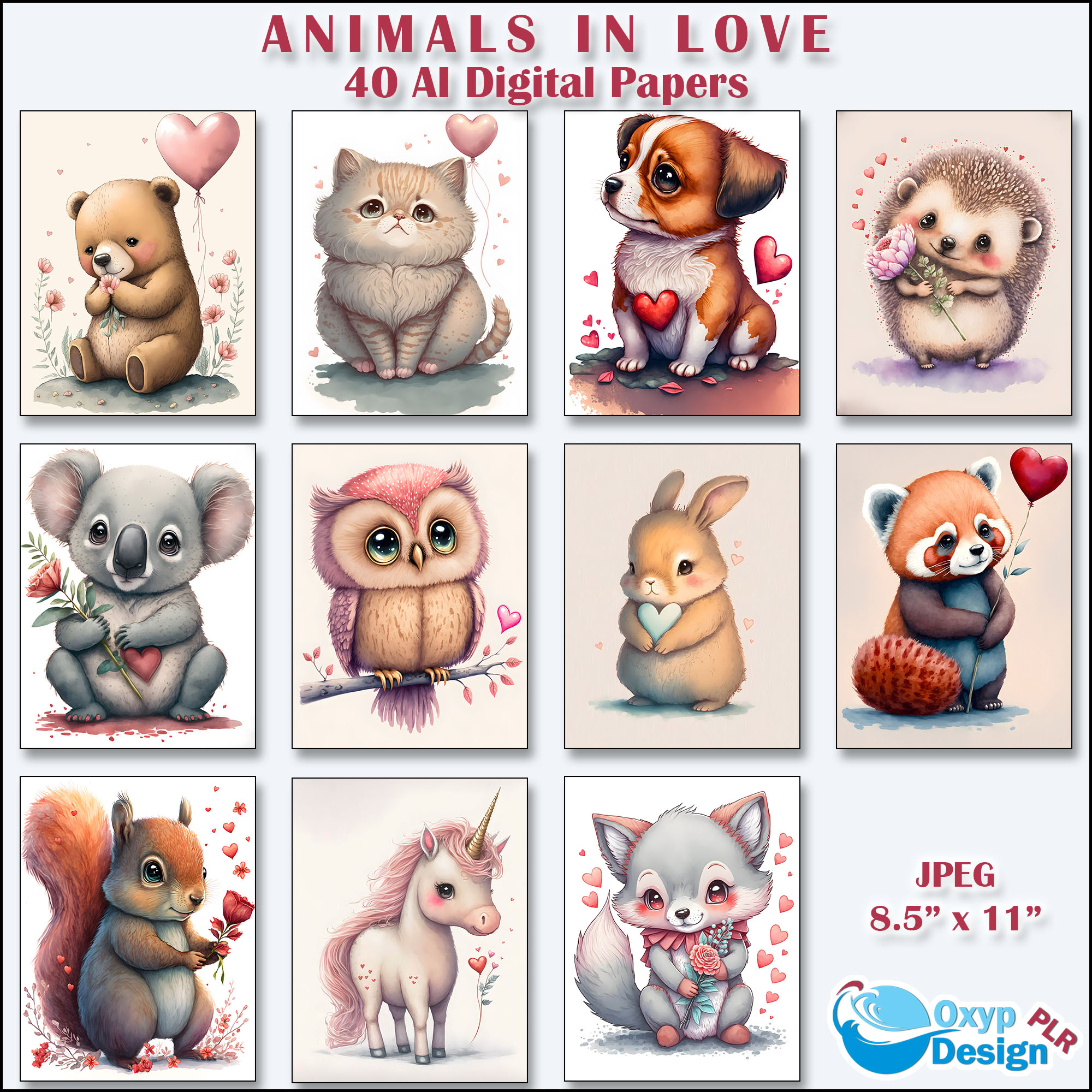 Animals in Love digital papers AI Artificial intelligence with commercial use rights