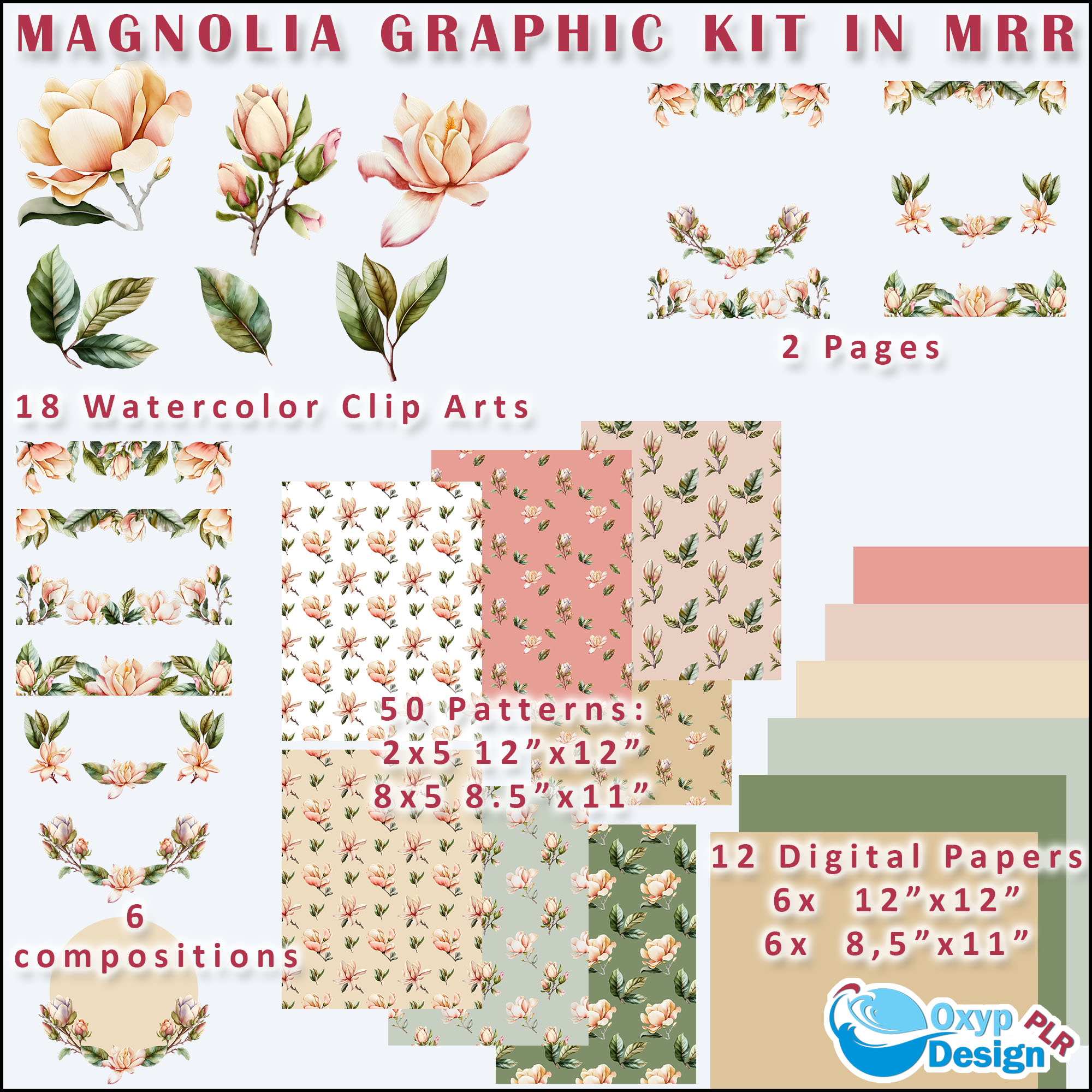 Magnolia Watercolor images clip art line art graphic kit with commercial use rights