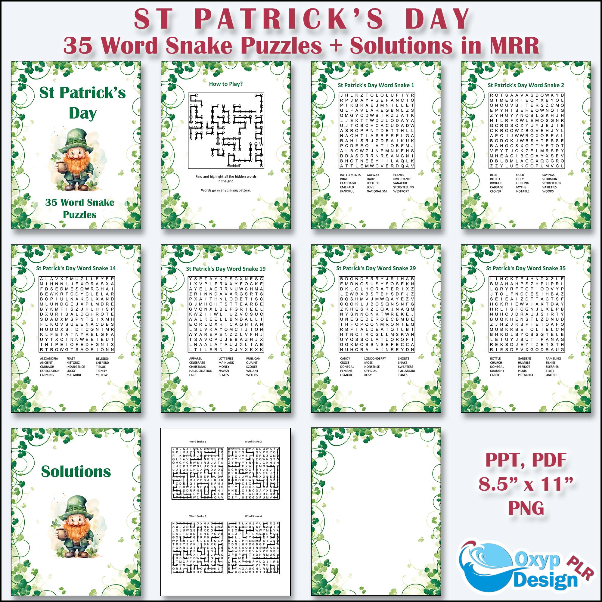 St Patrick s Day Word Snake Search Puzzles Backgrounds with Commercial Use Rights