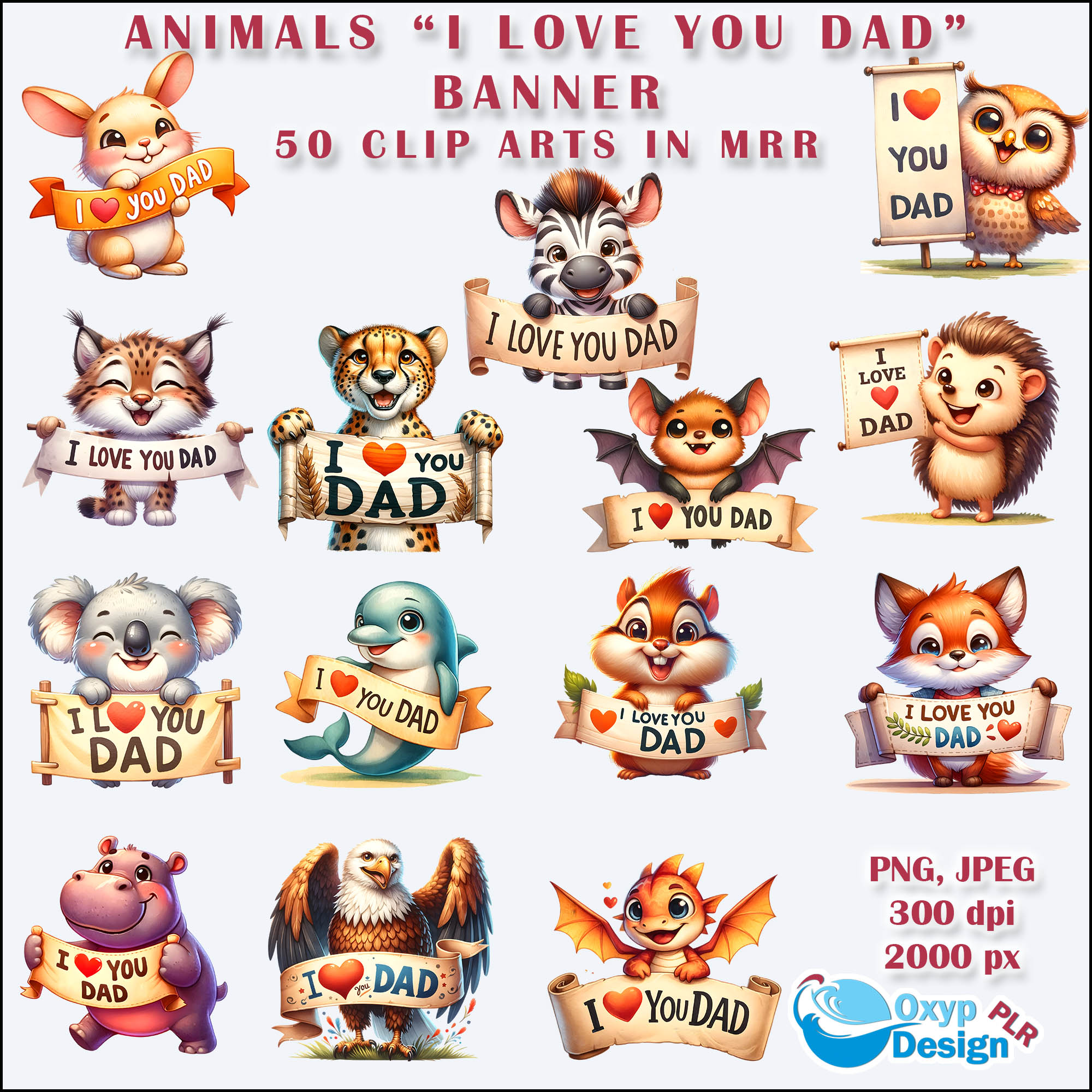 I Love You Dad Father's Day Animals Banner clip arts images with commercial use rights